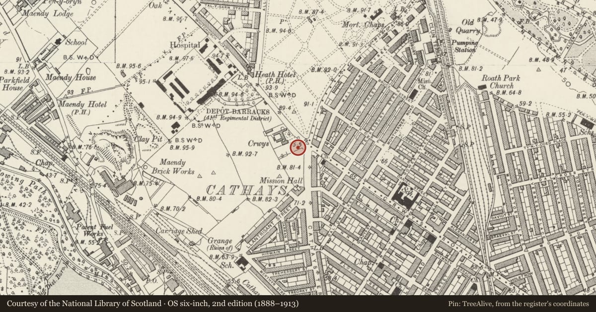 Ordnance Survey six-inch map, 2nd edition (1888–1913) covering the location of Gladstone Infants School, Cathays, Cardiff, with a pin at the register's coordinates