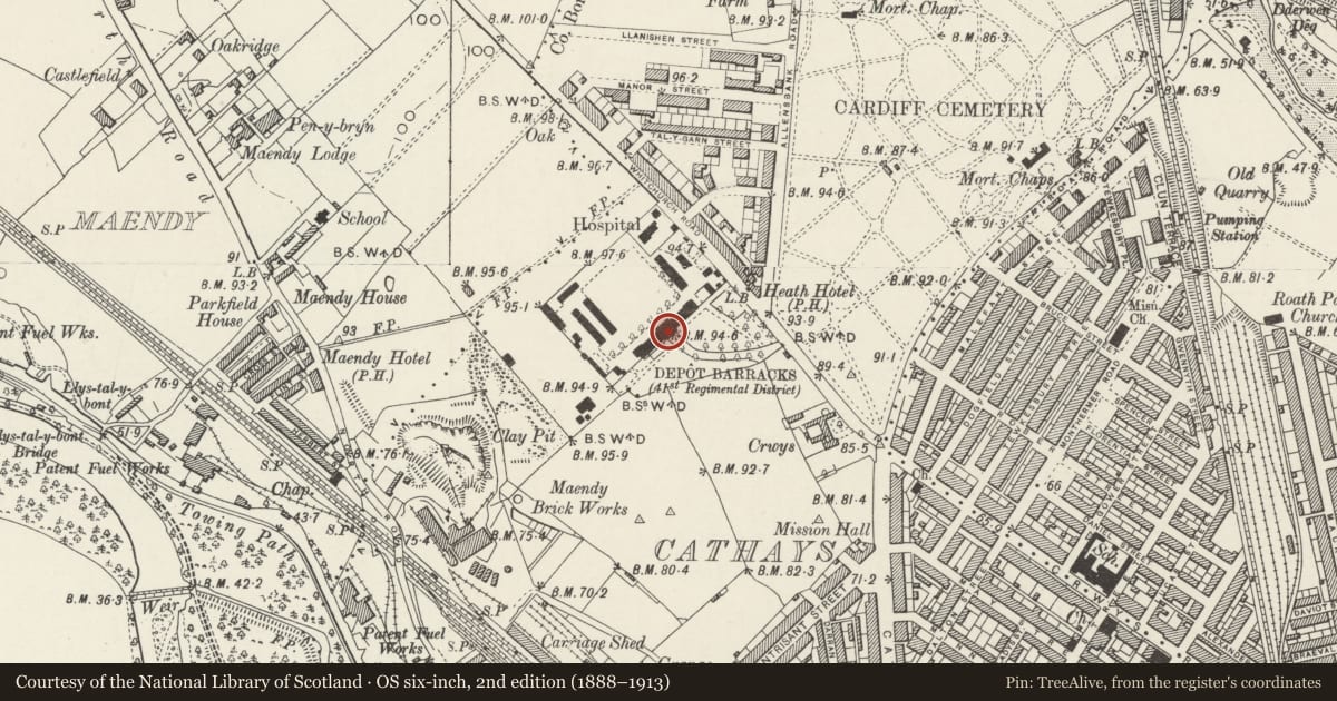 Ordnance Survey six-inch map, 2nd edition (1888–1913) covering the location of Entrance block at Maindy Barracks, Cathays, Cardiff, with a pin at the register's coordinates