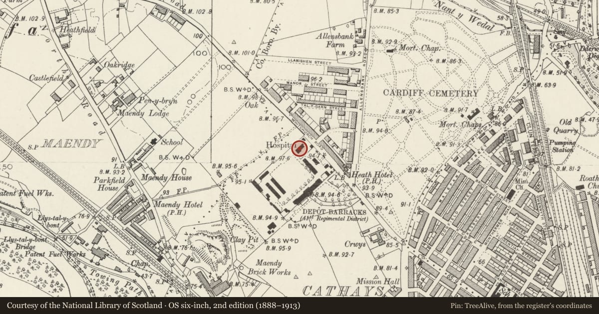 Ordnance Survey six-inch map, 2nd edition (1888–1913) covering the location of Former depot hospital at Maindy Barracks, Cathays, Cardiff, with a pin at the register's coordinates