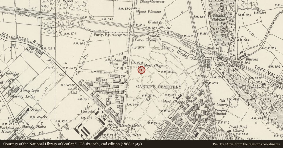 Ordnance Survey six-inch map, 2nd edition (1888–1913) covering the location of Tomb of Bishop Hedley in Cathays Cemetery, Cardiff, with a pin at the register's coordinates