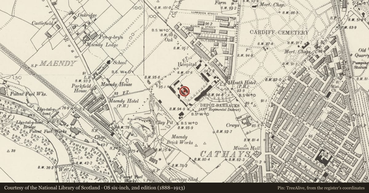 Ordnance Survey six-inch map, 2nd edition (1888–1913) covering the location of Detroit & St Vincent block at Maindy Barracks, Cathays, Cardiff, with a pin at the register's coordinates