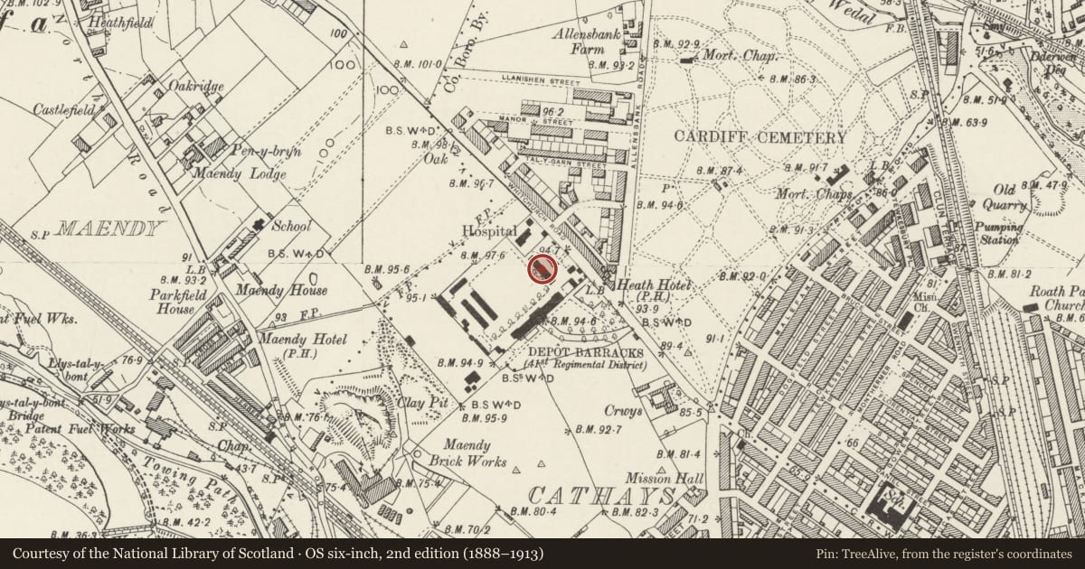 Ordnance Survey six-inch map, 2nd edition (1888–1913) covering the location of Former depot school at Maindy Barracks, Cathays, Cardiff, with a pin at the register's coordinates