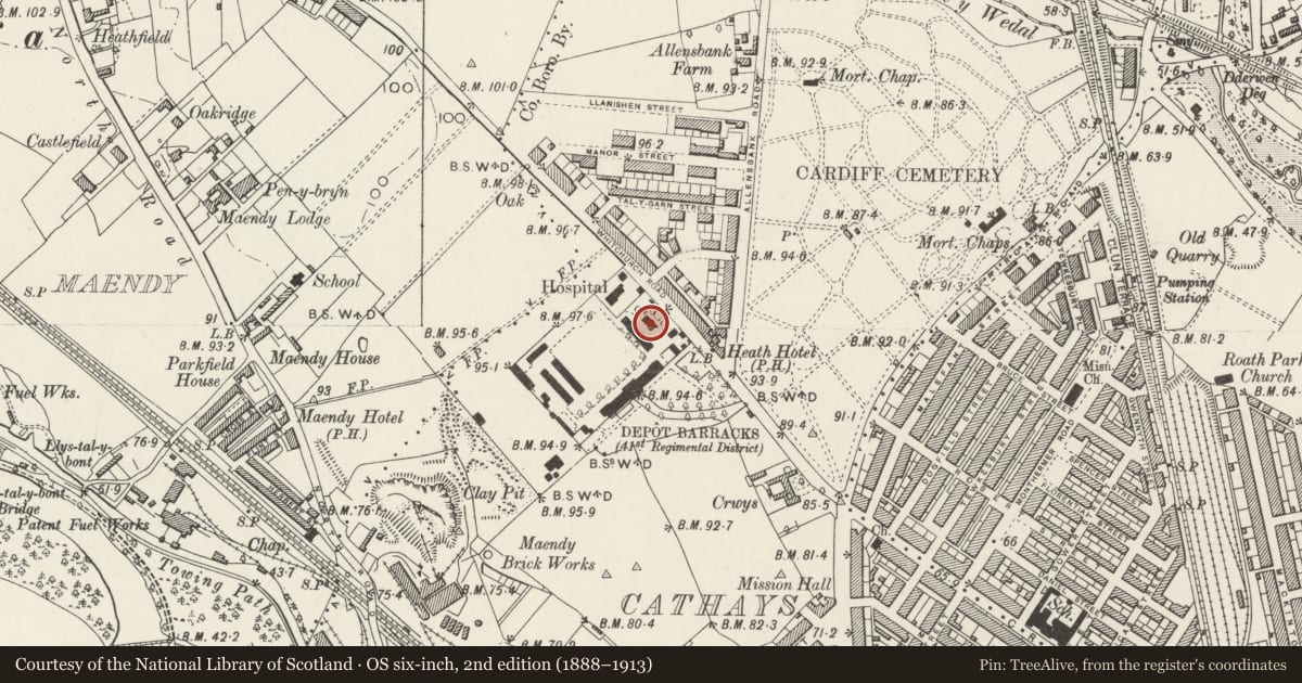 Ordnance Survey six-inch map, 2nd edition (1888–1913) covering the location of Former married men's quarters at Maindy Barracks, Cathays, Cardiff, with a pin at the register's coordinates