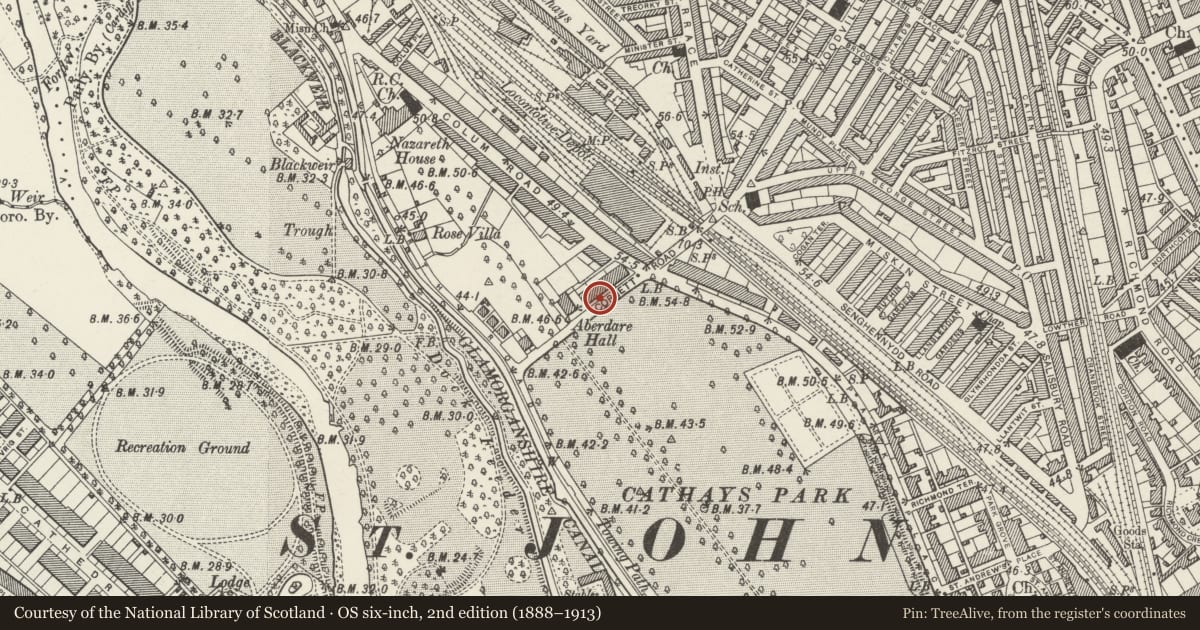 Ordnance Survey six-inch map, 2nd edition (1888–1913) covering the location of Three Oblique Forms (Walk in), Sculpture in forecourt of School of Music, Cathays, Cardiff, with a pin at the register's coordinates
