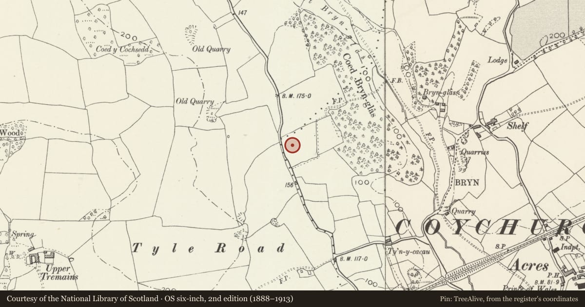 Ordnance Survey six-inch map, 2nd edition (1888–1913) covering the location of Coychurch Cemetery Entrance Walls, Gates and Pillar, Coychurch Lower, Bridgend, with a pin at the register's coordinates