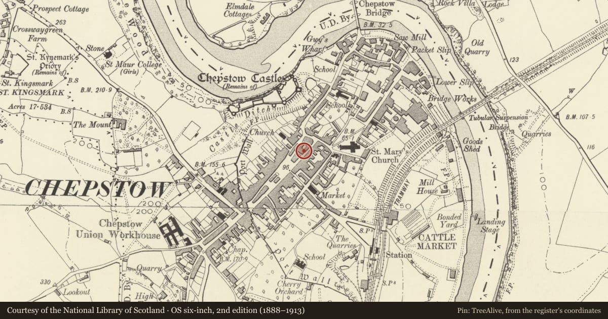 Ordnance Survey six-inch map, 2nd edition (1888–1913) covering the location of 22 St Mary Street, Chepstow, Monmouthshire, with a pin at the register's coordinates