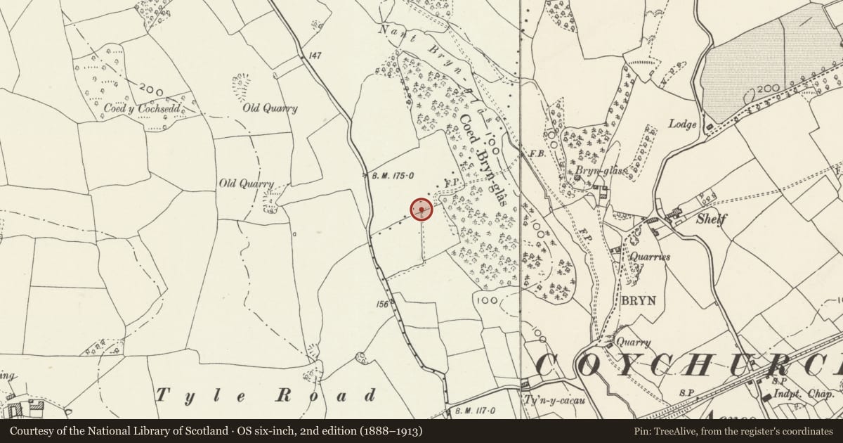 Ordnance Survey six-inch map, 2nd edition (1888–1913) covering the location of Coychurch Cemetery Chapel of Remembrance, Coychurch Lower, Bridgend, with a pin at the register's coordinates