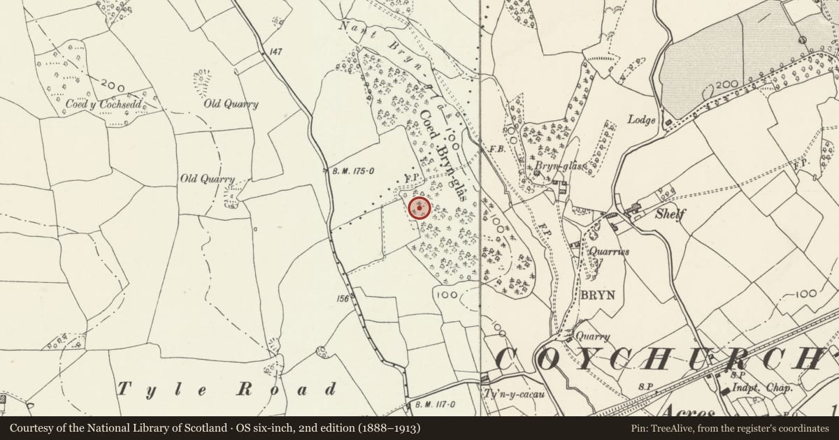 Ordnance Survey six-inch map, 2nd edition (1888–1913) covering the location of Coychurch Cemetery Capel Crallo and Capel Coity, Coychurch Lower, Bridgend, with a pin at the register's coordinates