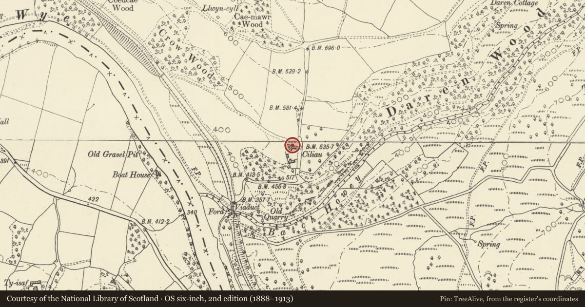 Ordnance Survey six-inch map, 2nd edition (1888–1913) covering the location of Agricultural Range to N of Ciliau, Painscastle, Powys, with a pin at the register's coordinates