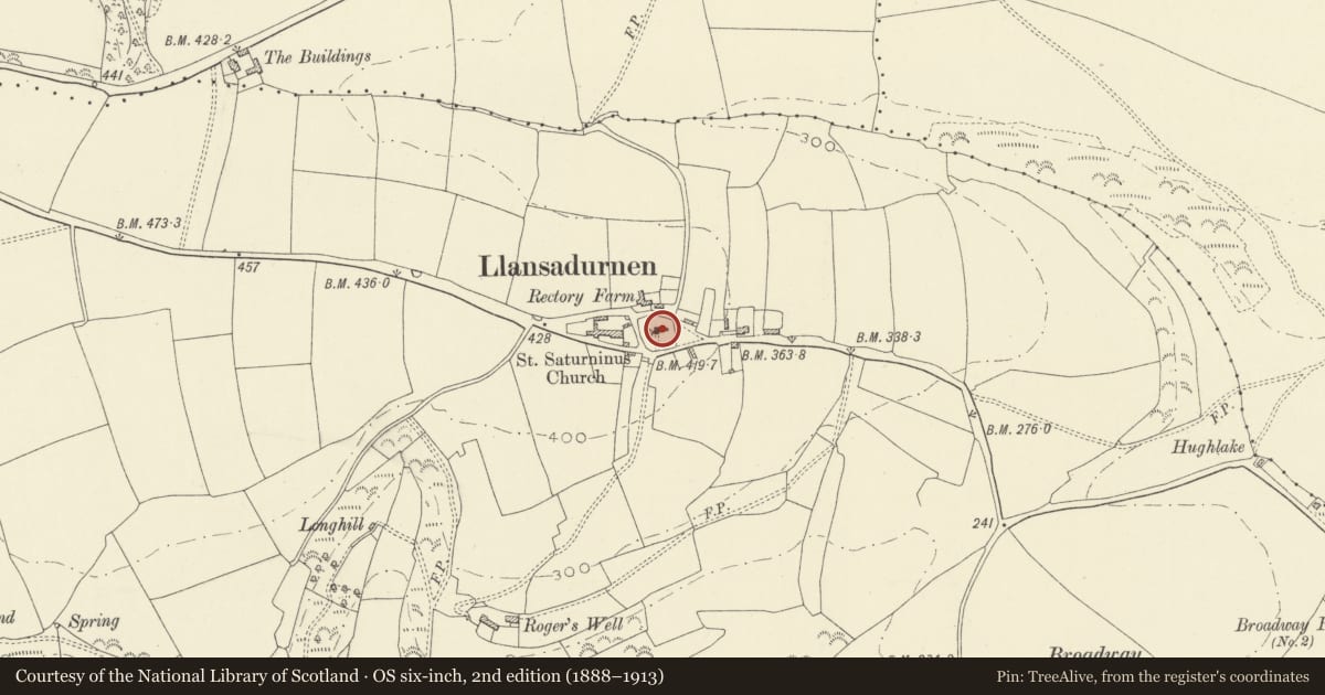 Ordnance Survey six-inch map, 2nd edition (1888–1913) covering the location of Church of St Sadwrnen, Laugharne Township, Carmarthenshire, with a pin at the register's coordinates
