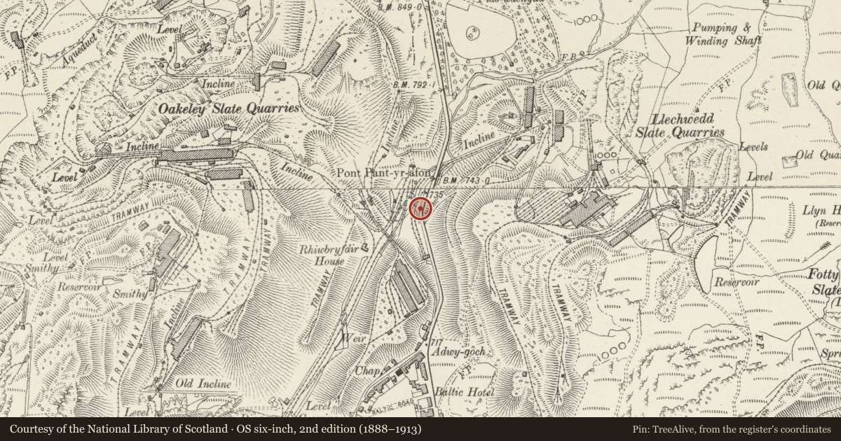 Ordnance Survey six-inch map, 2nd edition (1888–1913) covering the location of Weighbridge House, Ffestiniog, Gwynedd, with a pin at the register's coordinates