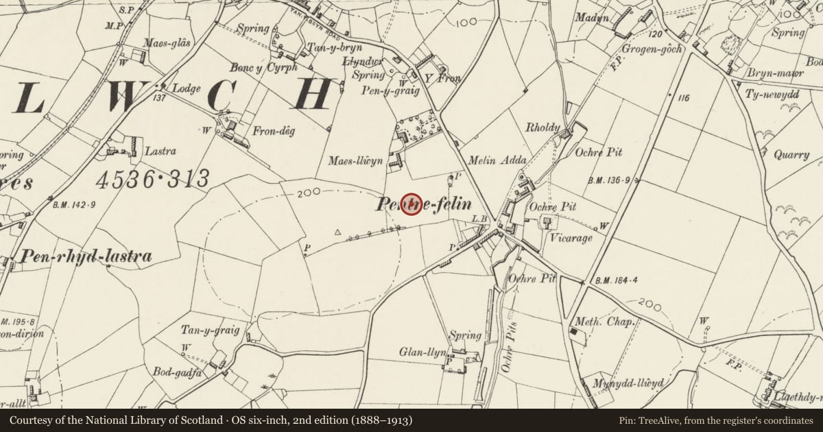Ordnance Survey six-inch map, 2nd edition (1888–1913) covering the location of Ysgol Syr Thomas Jones, Amlwch, Isle of Anglesey, with a pin at the register's coordinates