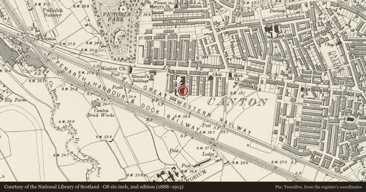 Ordnance Survey six-inch map, 2nd edition (1888–1913) covering the location of Lansdowne School, Infants, Canton, Cardiff, with a pin at the register's coordinates