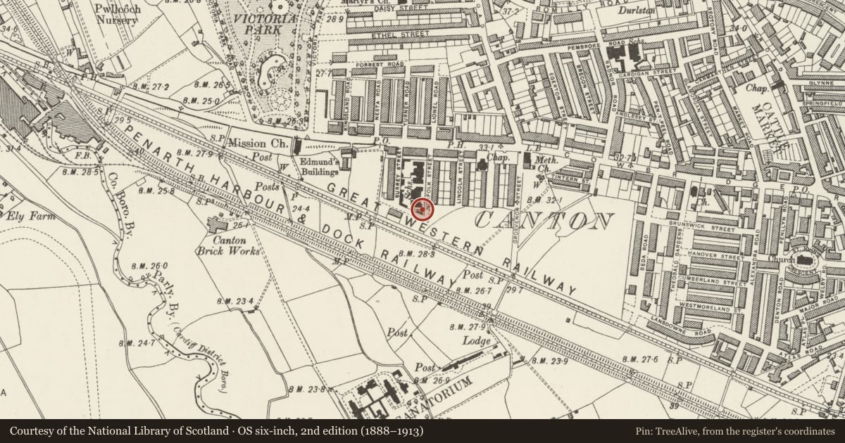 Ordnance Survey six-inch map, 2nd edition (1888–1913) covering the location of Lansdowne School, School House, Canton, Cardiff, with a pin at the register's coordinates