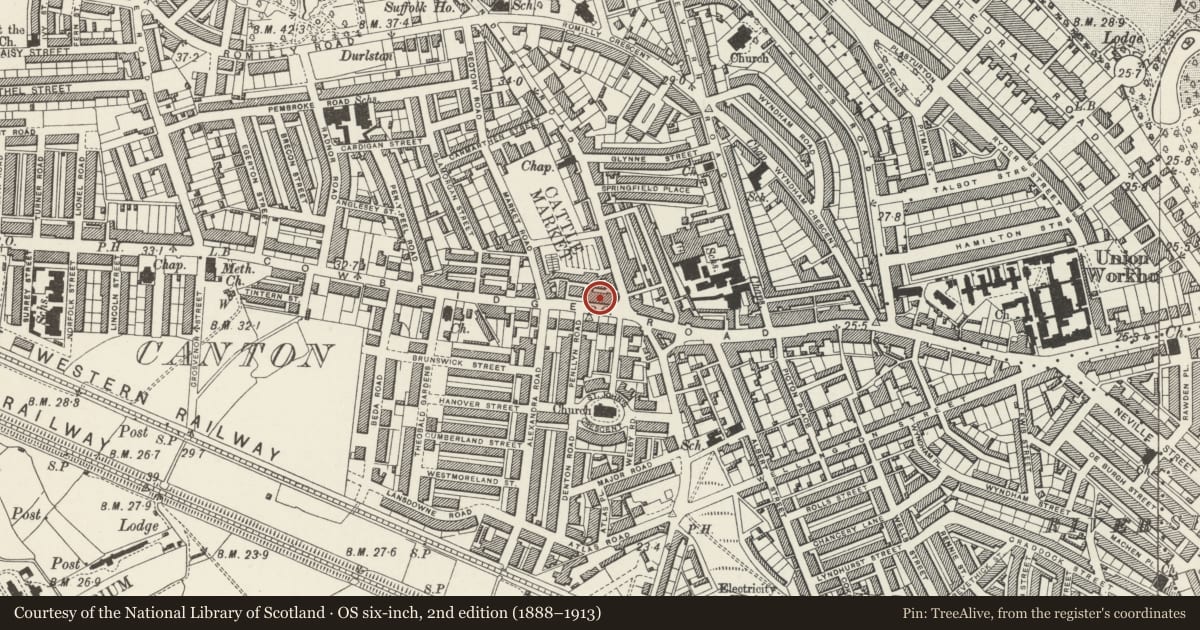 Ordnance Survey six-inch map, 2nd edition (1888–1913) covering the location of 192 Cowbridge Road East, Canton, Cardiff, with a pin at the register's coordinates