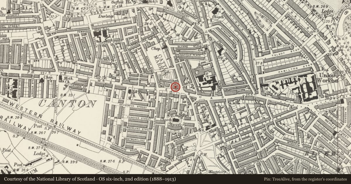 Ordnance Survey six-inch map, 2nd edition (1888–1913) covering the location of 190 Cowbridge Road East, Canton, Cardiff, with a pin at the register's coordinates