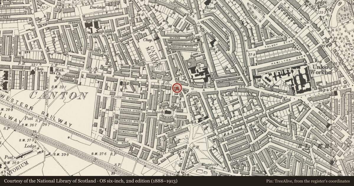 Ordnance Survey six-inch map, 2nd edition (1888–1913) covering the location of 273 Cowbridge Road East, Canton, Cardiff, with a pin at the register's coordinates