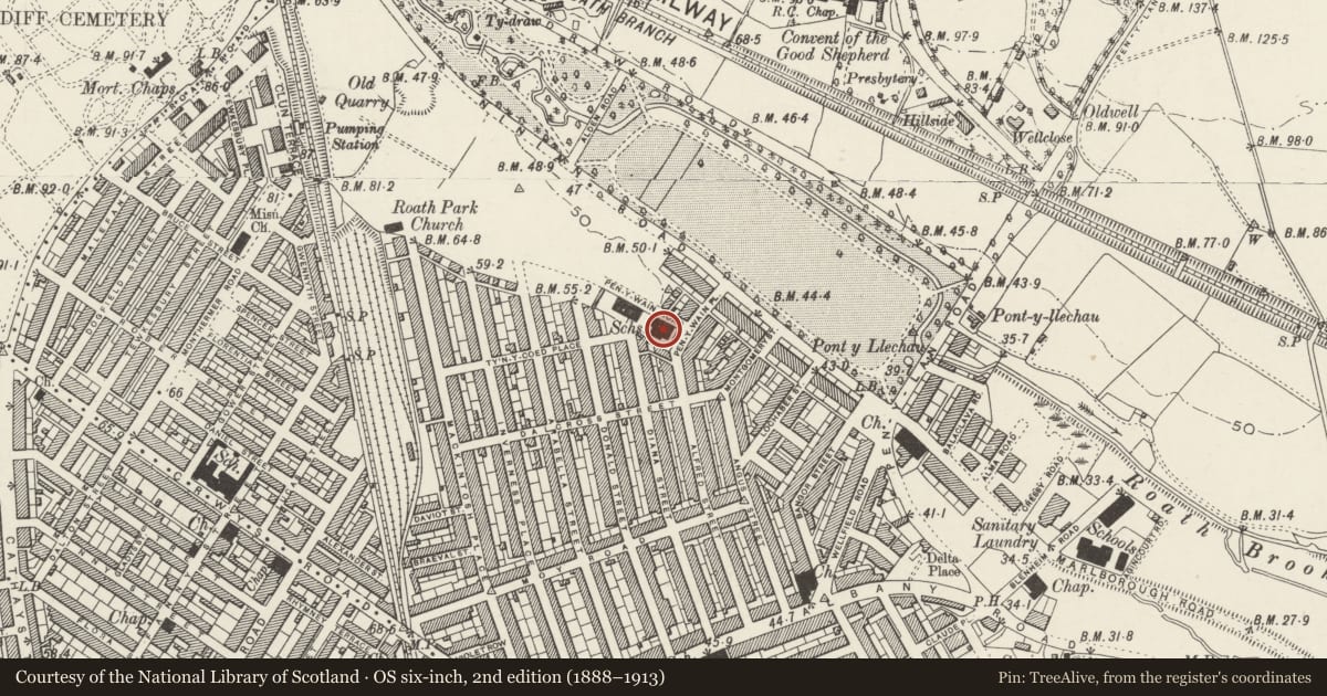 Ordnance Survey six-inch map, 2nd edition (1888–1913) covering the location of Infants Block at Roath Park Primary School, Cardiff, with a pin at the register's coordinates