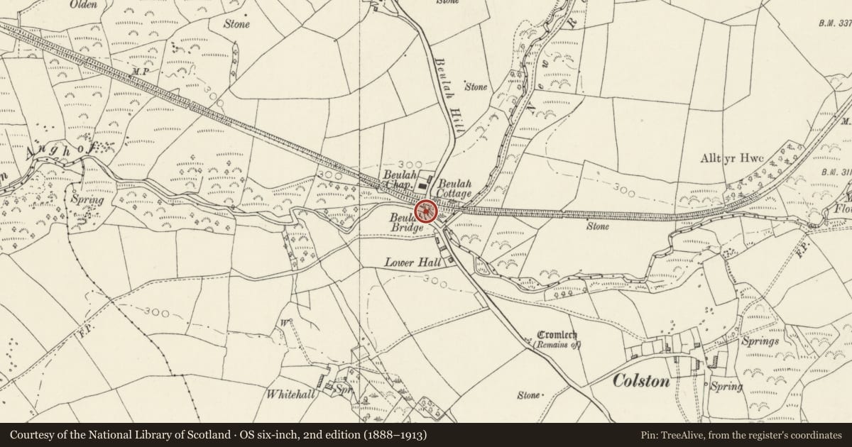 Ordnance Survey six-inch map, 2nd edition (1888–1913) covering the location of Beulah Bridge, Puncheston, Pembrokeshire, with a pin at the register's coordinates