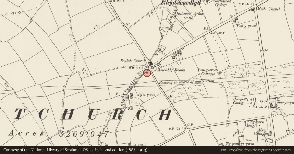 Ordnance Survey six-inch map, 2nd edition (1888–1913) covering the location of Nos. 1-5 Pen-y-dre (odds), including No. 227 Pant Bach Road, Rhiwbina, Cardiff, with a pin at the register's coordinates