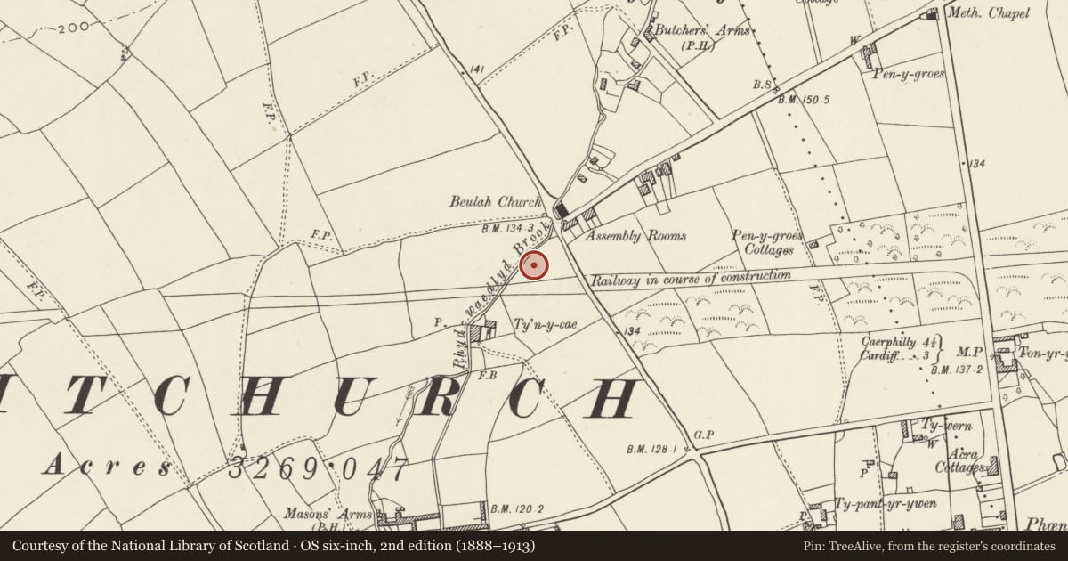 Ordnance Survey six-inch map, 2nd edition (1888–1913) covering the location of Nos. 7-13 Pen-y-dre (odds), Rhiwbina, Cardiff, with a pin at the register's coordinates