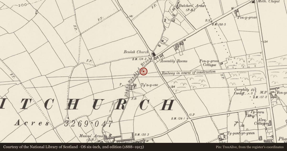 Ordnance Survey six-inch map, 2nd edition (1888–1913) covering the location of Nos. 15-19 Pen-y-dre (odds), Rhiwbina, Cardiff, with a pin at the register's coordinates
