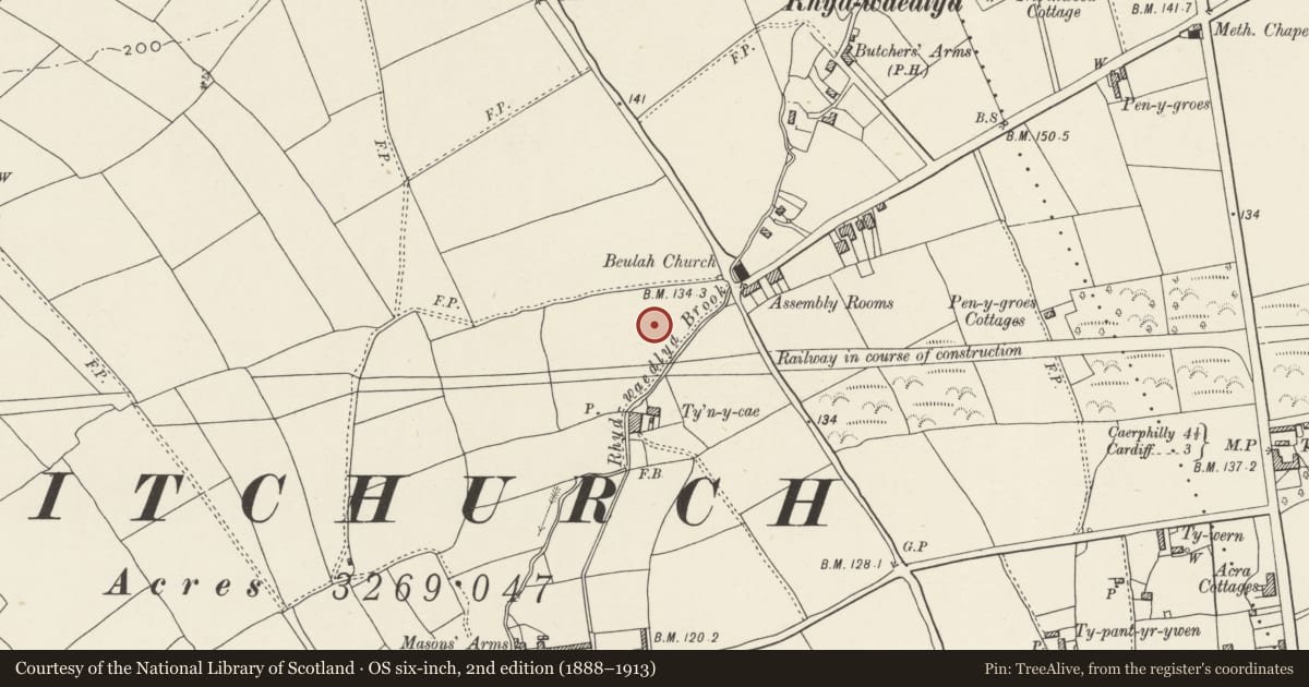 Ordnance Survey six-inch map, 2nd edition (1888–1913) covering the location of Nos. 18-24 Pen-y-dre (evens), Rhiwbina, Cardiff, with a pin at the register's coordinates