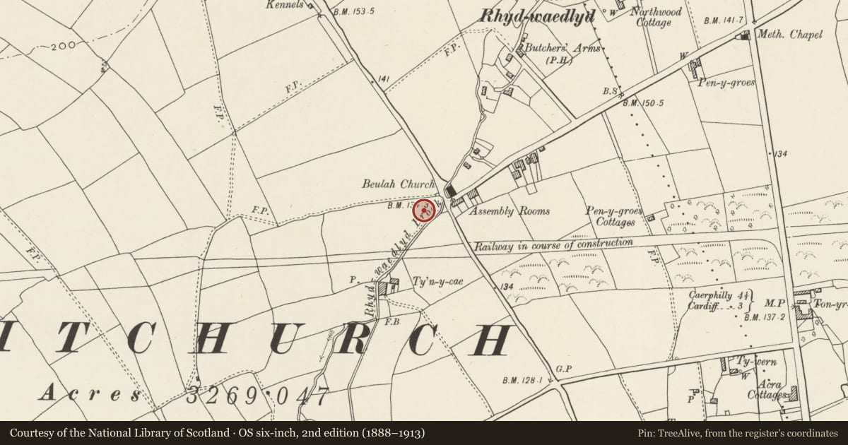 Ordnance Survey six-inch map, 2nd edition (1888–1913) covering the location of Nos. 2-8 Pen-y-dre (evens), Rhiwbina, Cardiff, with a pin at the register's coordinates