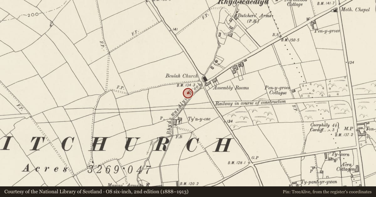 Ordnance Survey six-inch map, 2nd edition (1888–1913) covering the location of Nos. 10-16 Pen-y-dre (evens), Rhiwbina, Cardiff, with a pin at the register's coordinates