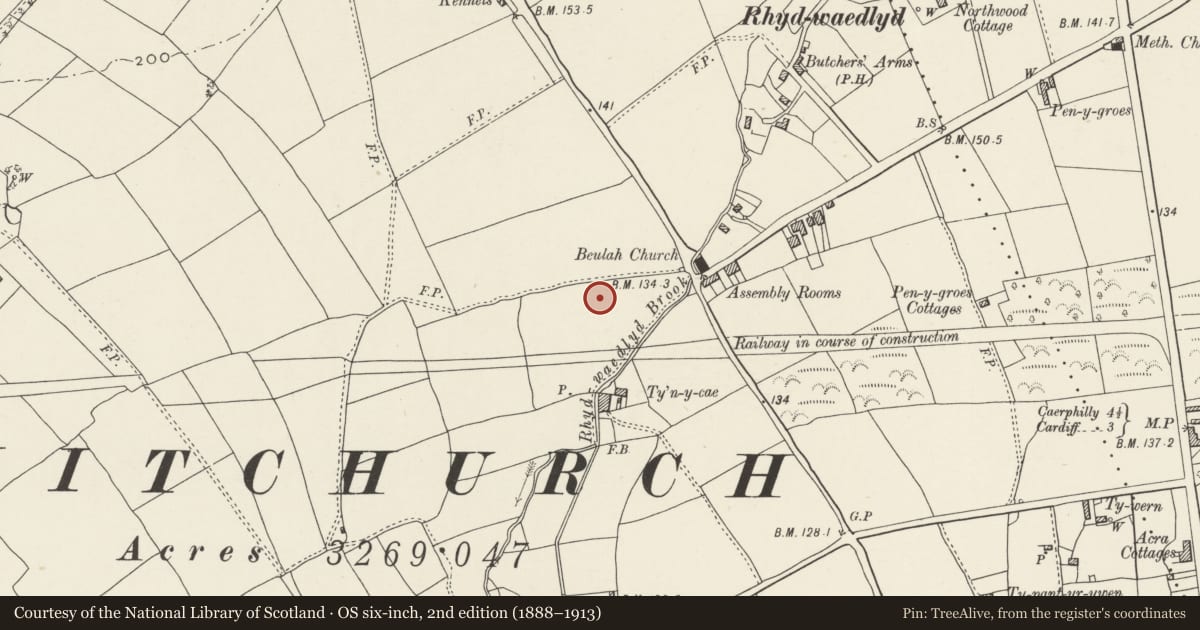 Ordnance Survey six-inch map, 2nd edition (1888–1913) covering the location of Nos. 4&6 Lon-y-dail, Rhiwbina, Cardiff, with a pin at the register's coordinates