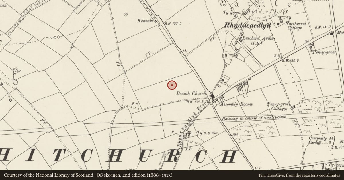 Ordnance Survey six-inch map, 2nd edition (1888–1913) covering the location of Nos. 20 & 22 Lon-y-dail, Rhiwbina, Cardiff, with a pin at the register's coordinates
