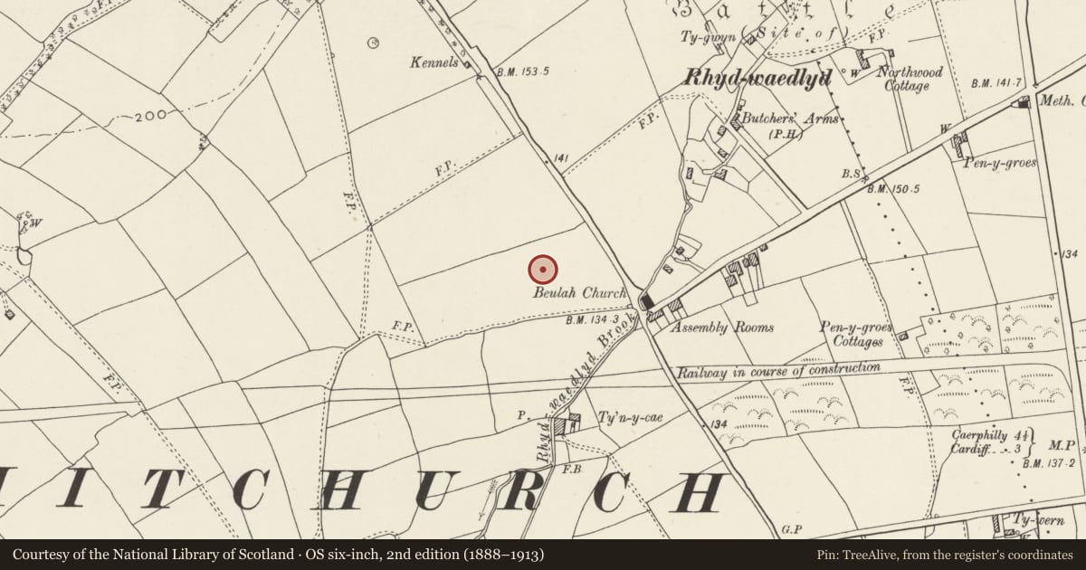 Ordnance Survey six-inch map, 2nd edition (1888–1913) covering the location of Nos. 1-4 Y Groes (consecutive), Rhiwbina, Cardiff, with a pin at the register's coordinates