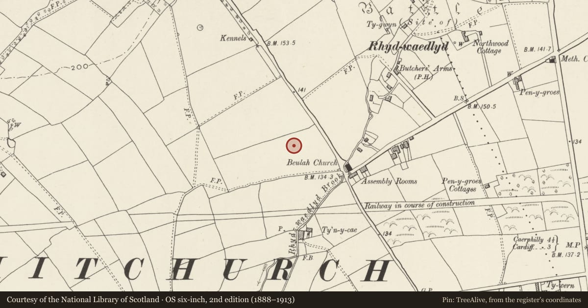 Ordnance Survey six-inch map, 2nd edition (1888–1913) covering the location of Nos. 5 & 6 Y Groes, Rhiwbina, Cardiff, with a pin at the register's coordinates