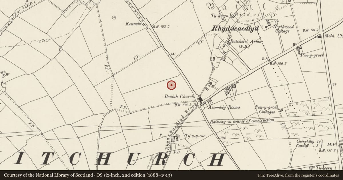 Ordnance Survey six-inch map, 2nd edition (1888–1913) covering the location of Nos. 7 & 8 Y Groes, Rhiwbina, Cardiff, with a pin at the register's coordinates