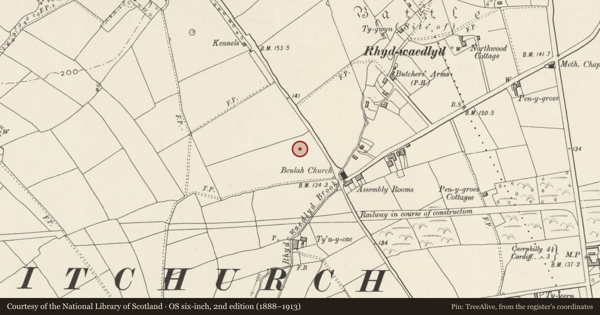 Ordnance Survey six-inch map, 2nd edition (1888–1913) covering the location of Nos. 9 & 10 Y Groes, Rhiwbina, Cardiff, with a pin at the register's coordinates