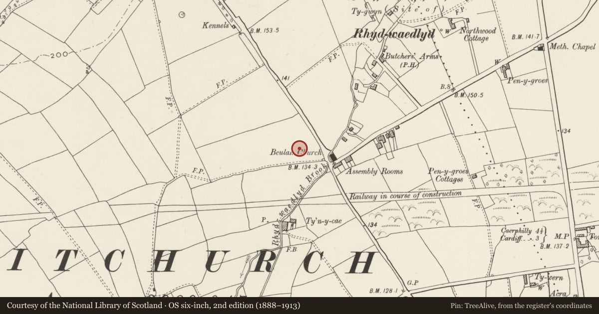 Ordnance Survey six-inch map, 2nd edition (1888–1913) covering the location of Nos. 15 & 16 Y Groes, Rhiwbina, Cardiff, with a pin at the register's coordinates