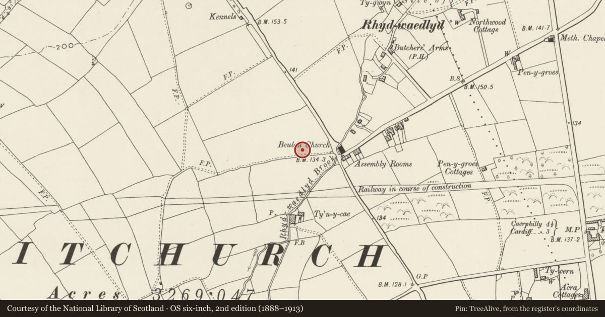 Ordnance Survey six-inch map, 2nd edition (1888–1913) covering the location of Nos. 17 & 18 Y Groes, Rhiwbina, Cardiff, with a pin at the register's coordinates