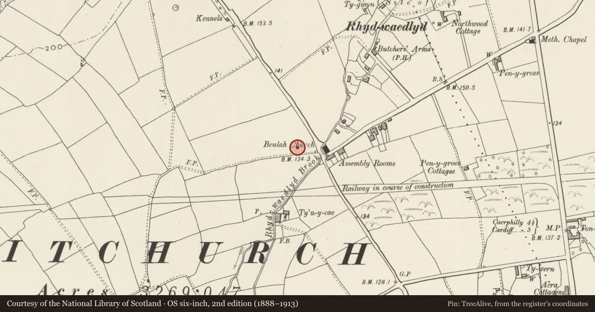 Ordnance Survey six-inch map, 2nd edition (1888–1913) covering the location of The Wendy House, Rhiwbina, Cardiff, with a pin at the register's coordinates