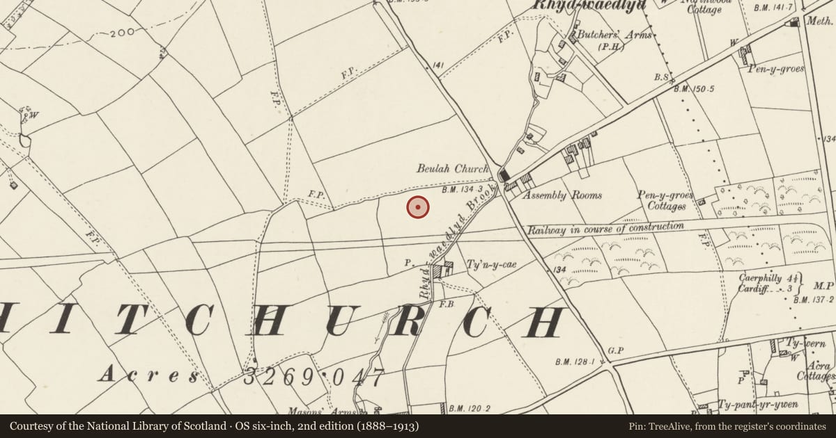 Ordnance Survey six-inch map, 2nd edition (1888–1913) covering the location of Nos. 1 & 3 Lon-y-dail, Rhiwbina, Cardiff, with a pin at the register's coordinates