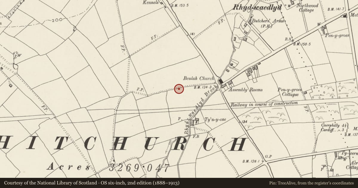 Ordnance Survey six-inch map, 2nd edition (1888–1913) covering the location of Nos. 5-11 Lon-y-dail (odds), Rhiwbina, Cardiff, with a pin at the register's coordinates