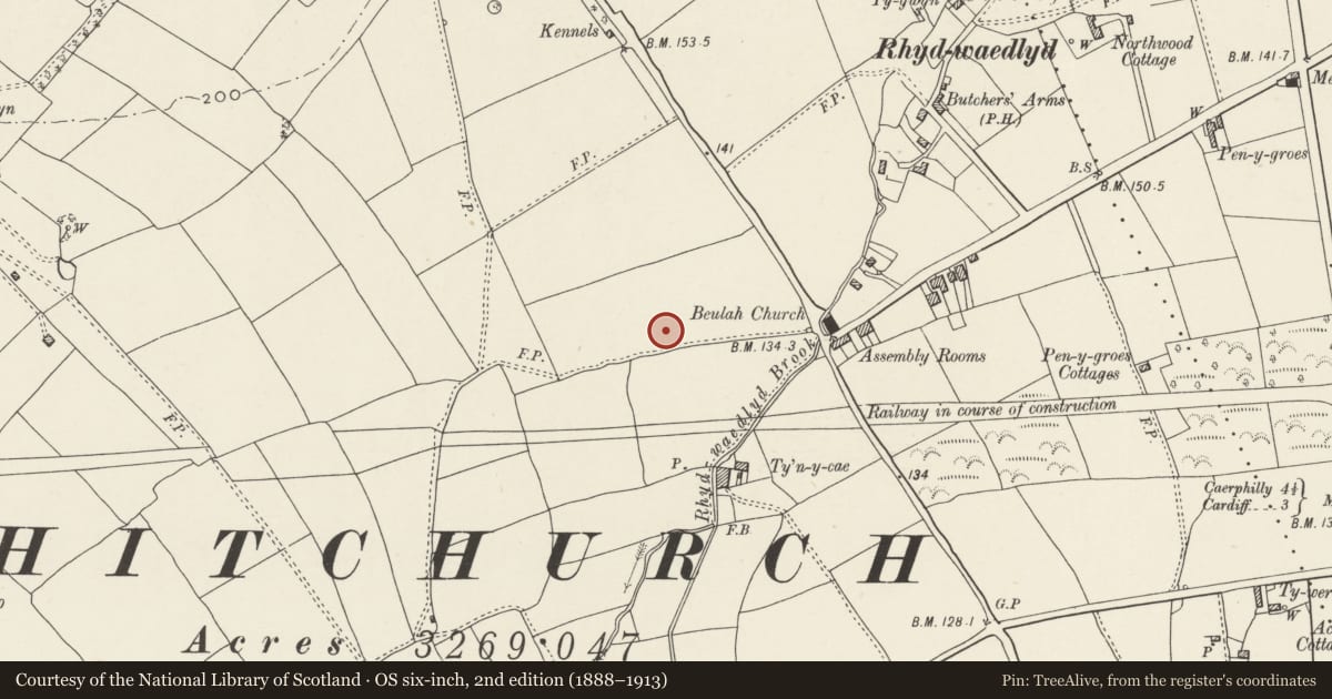 Ordnance Survey six-inch map, 2nd edition (1888–1913) covering the location of Nos. 13 & 15 Lon-y-dail, Rhiwbina, Cardiff, with a pin at the register's coordinates