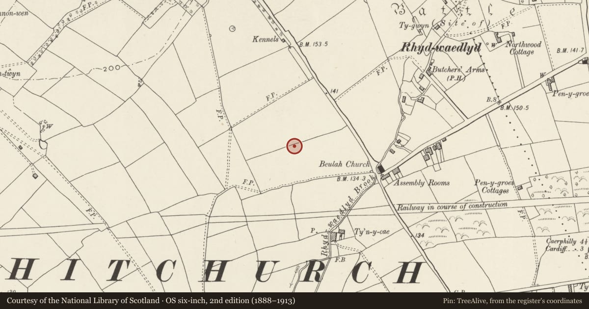 Ordnance Survey six-inch map, 2nd edition (1888–1913) covering the location of Nos. 25-29 Lon-y-dail (odds), Rhiwbina, Cardiff, with a pin at the register's coordinates