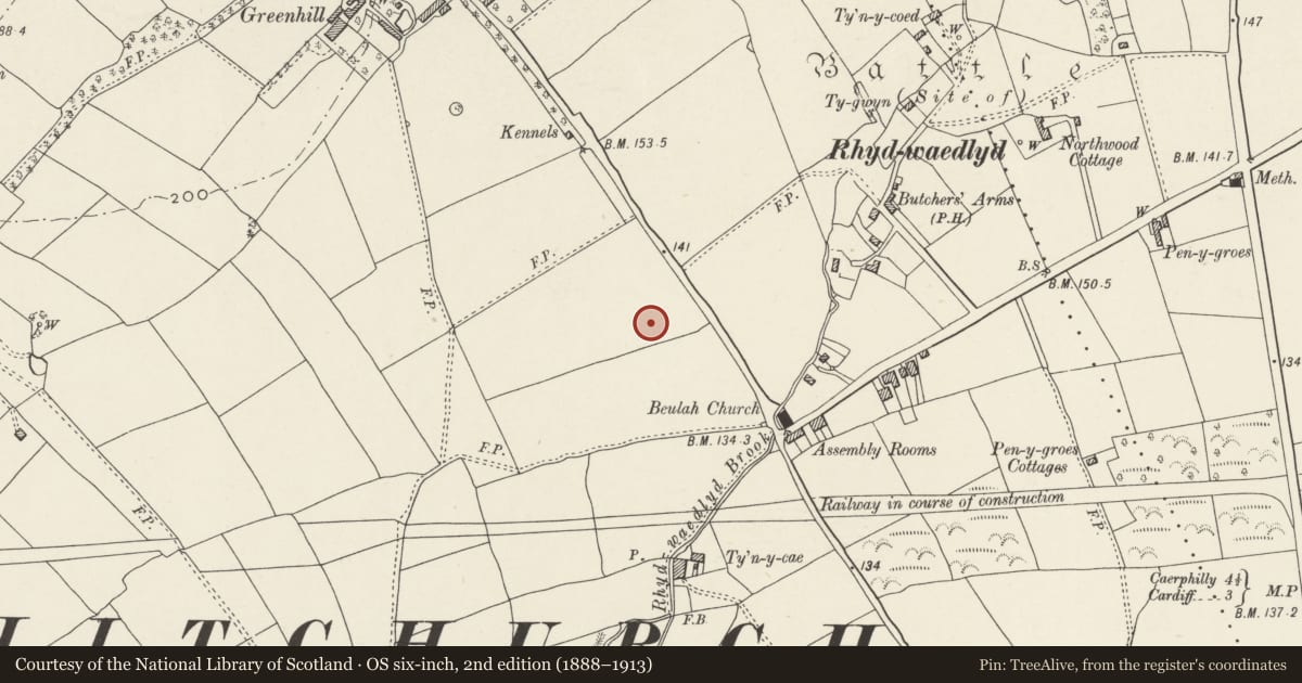 Ordnance Survey six-inch map, 2nd edition (1888–1913) covering the location of Nos. 9 & 11 Lon Isa, Rhiwbina, Cardiff, with a pin at the register's coordinates