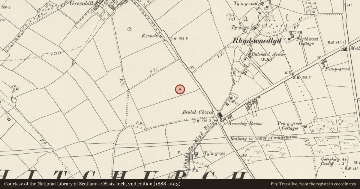 Ordnance Survey six-inch map, 2nd edition (1888–1913) covering the location of Nos. 13 & 15 Lon Isa, Rhiwbina, Cardiff, with a pin at the register's coordinates