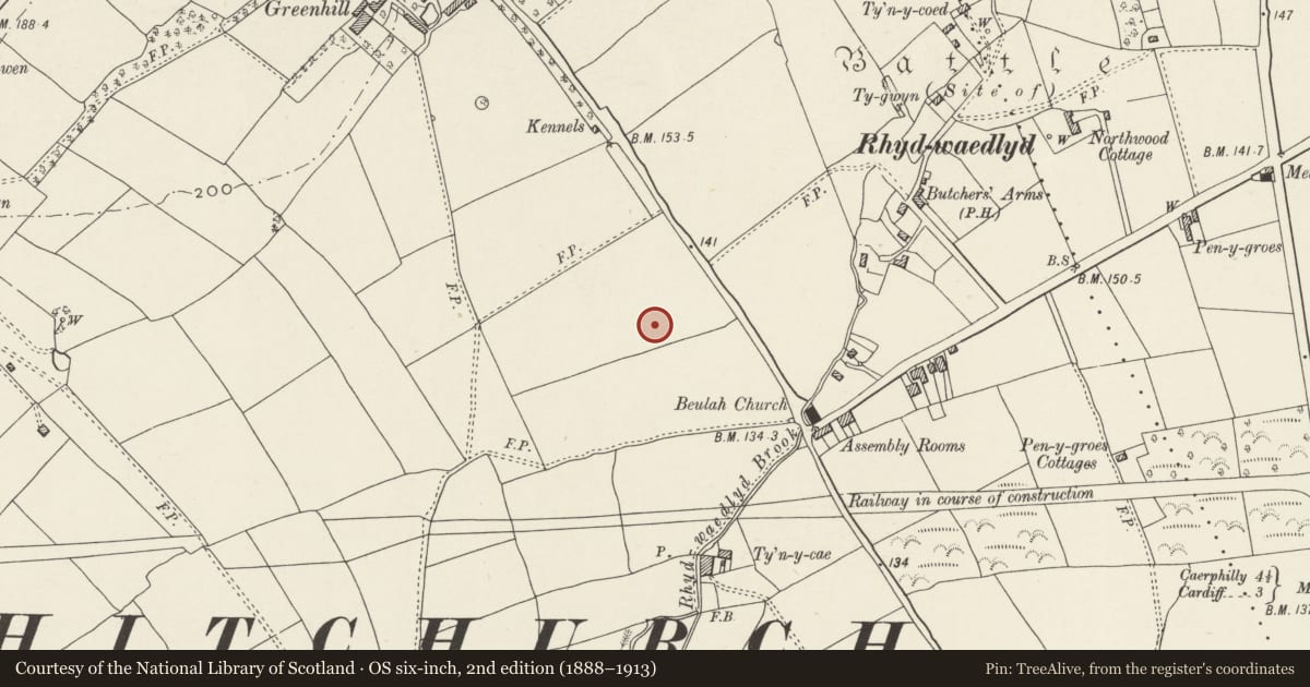 Ordnance Survey six-inch map, 2nd edition (1888–1913) covering the location of Nos. 17 & 19 Lon Isa, Rhiwbina, Cardiff, with a pin at the register's coordinates