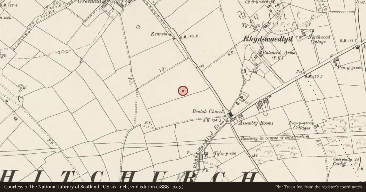 Ordnance Survey six-inch map, 2nd edition (1888–1913) covering the location of Nos. 21 & 23 Lon Isa, Rhiwbina, Cardiff, with a pin at the register's coordinates