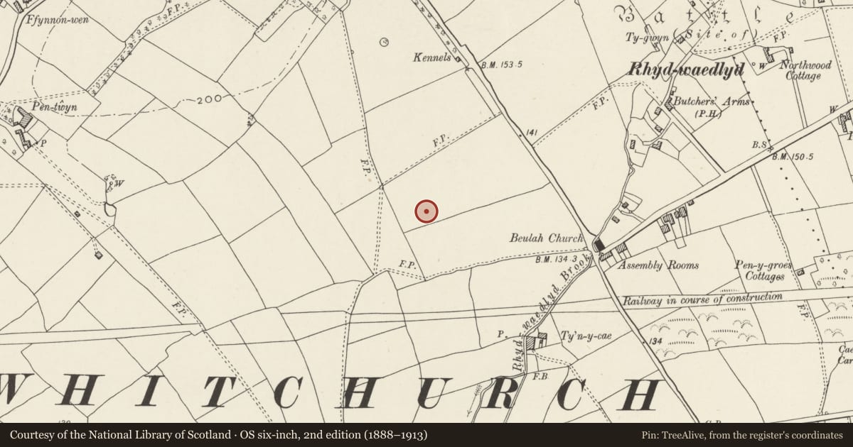 Ordnance Survey six-inch map, 2nd edition (1888–1913) covering the location of Nos. 41 & 43 Lon Isa, Rhiwbina, Cardiff, with a pin at the register's coordinates
