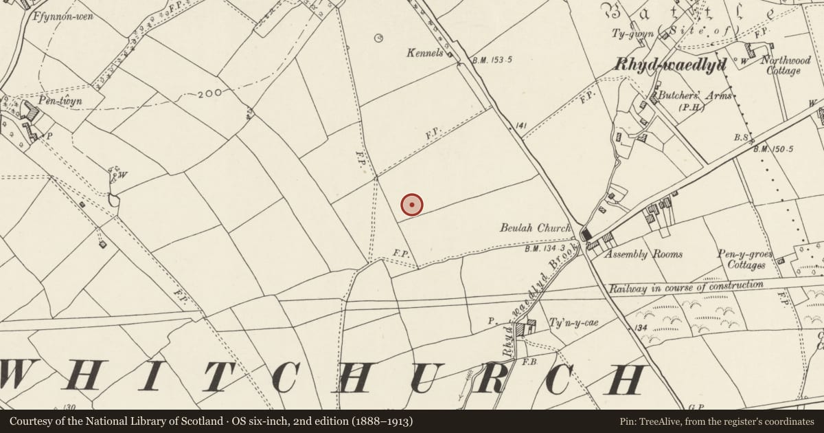 Ordnance Survey six-inch map, 2nd edition (1888–1913) covering the location of Nos. 45 & 47 Lon Isa, Rhiwbina, Cardiff, with a pin at the register's coordinates
