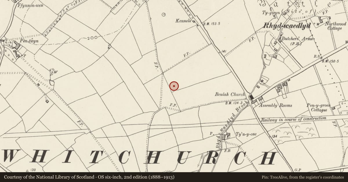 Ordnance Survey six-inch map, 2nd edition (1888–1913) covering the location of Nos. 49 & 51 Lon Isa, Rhiwbina, Cardiff, with a pin at the register's coordinates