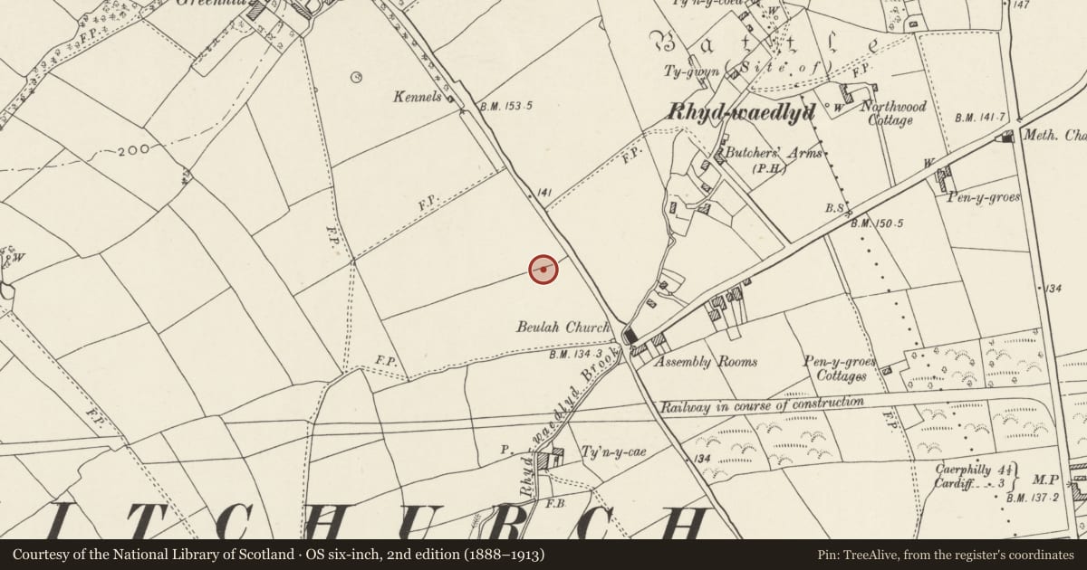 Ordnance Survey six-inch map, 2nd edition (1888–1913) covering the location of Nos. 2 & 4 Lon Isa, Rhiwbina, Cardiff, with a pin at the register's coordinates